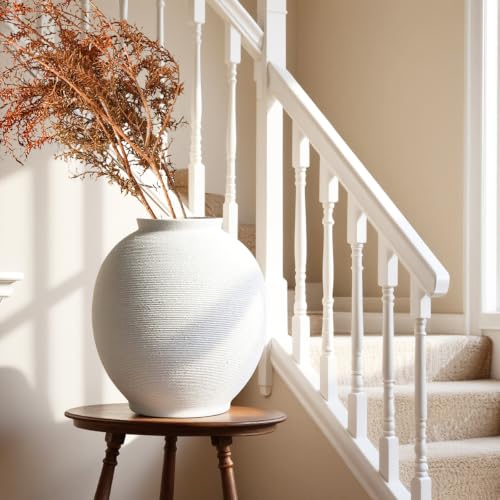 13-Inch White Ceramic Vase - Oval Sandstone Finish, Large Farmhouse Decor