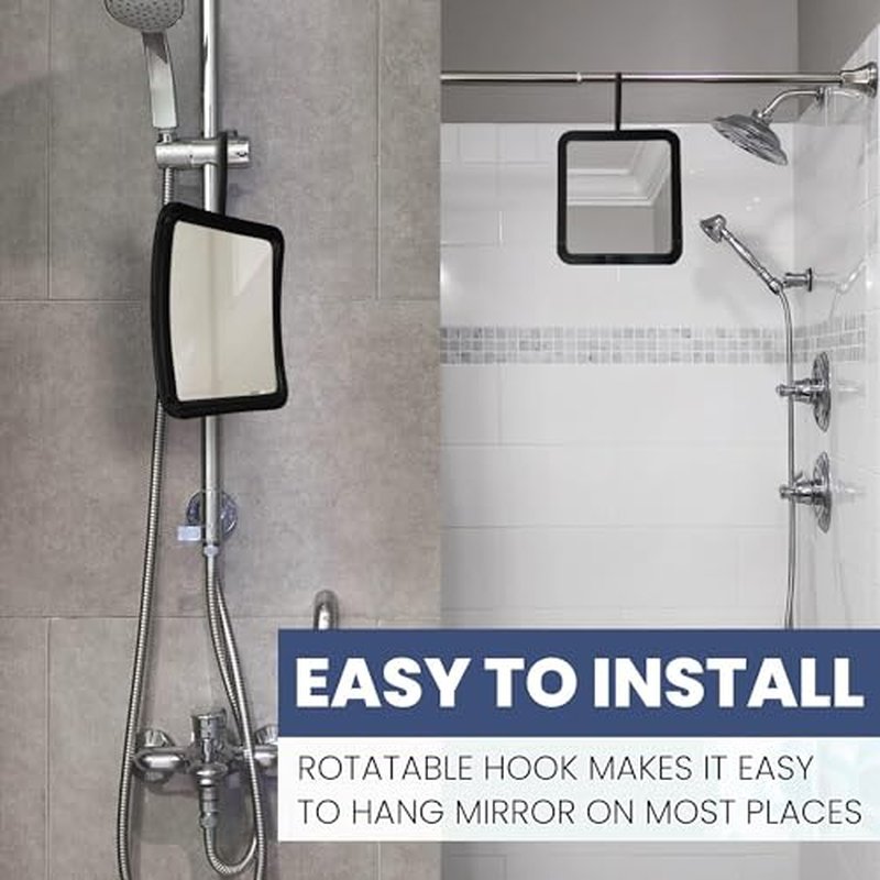 MIRRORVANA Hanging Fogless Shower Mirror for Shaving with 360¡Æ Rotatable Swivel Hook - Anti Fog and Shatterproof 6.3" x 6.3" Surface (Black)