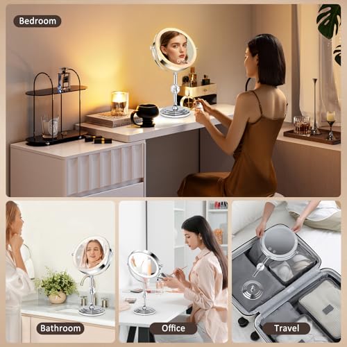 Chrome-Crystal Lighted Makeup Mirror 4000mAh Rechargeable Double Sided 1x/10x with Dimming