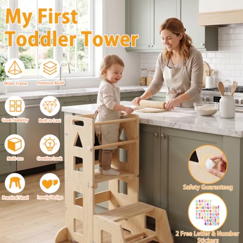 5-in-1 Toddler Standing Tower Kitchen Stool with Blackboard - Natural Wood Large