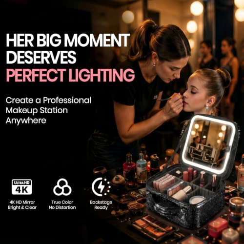 Fanwoli Sparkling Black Makeup Bag with Detachable 4K LED Mirror - 3 Light Modes