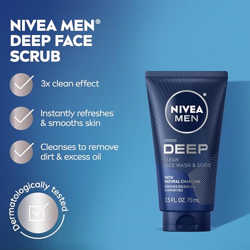 NIVEA MEN Deep Clean Face Wash & Scrub with Charcoal - Pack of 3, 2.5 fl oz each