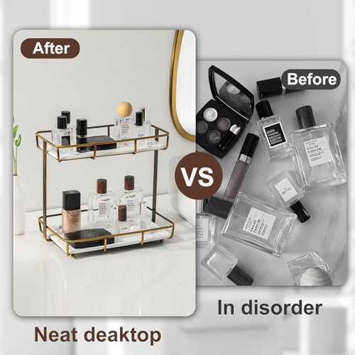 Bathroom Organizer Countertop Perfume Organizer Makeup Organizer Cosmetics Storage Display Rack Vanity Tray Dresser Stainless Steel Gold Shelf White Marble Ceramic Tray