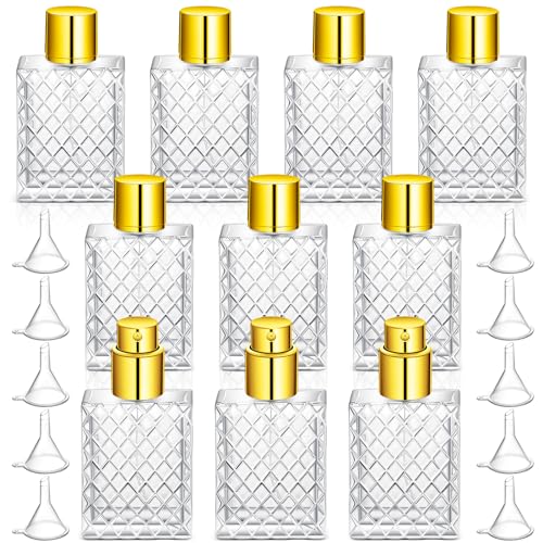 Zhehao 10 Pcs 100ml 3.4 oz Glass Perfume Bottles Refillable Fine Mist Atomizer Spray Bottle with 10 Funnel Filler Empty Portable Perfume Atomizer Clear Essential Oil Container with Sprayer (Gold)