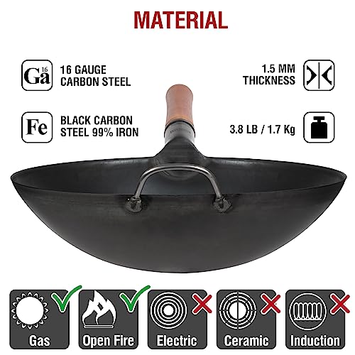 YOSUKATA 14" Carbon Steel Wok Pan Set - Pre-Seasoned, 17" Spatula &