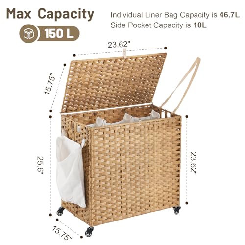 Large 39.6 Gallon Laundry Hamper with Wheels & Lid - 3-Section Rattan Basket with Removable Liners, Mesh Bags, Side Pocket - Natural, 150L