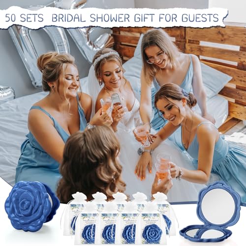 Blue Bridal Shower Favors Set - 50 Rose Compact Mirrors, Thank You Cards & Organza Bags - Variation of THIS listing