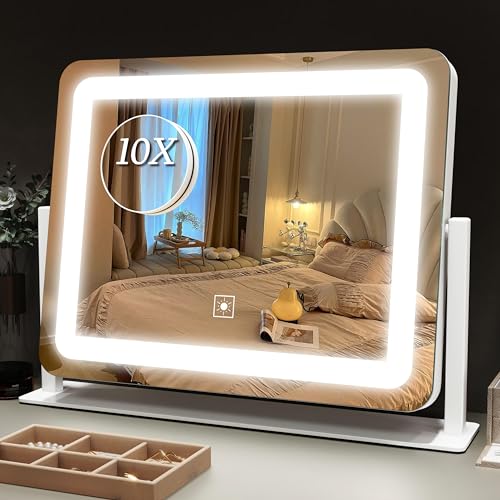 Lighted Makeup Vanity Mirror with 10X Magnification, Dimmable LED Lights, 15x12 Inch