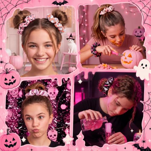 Halloween Satin Hair Scrunchies - Ghost & Pumpkin Elastic Ties - 80 Pack - Pink & Spooky Styles