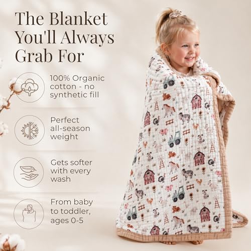 Organic Cotton Muslin Baby Blanket Farm Variation - Soft Swaddle & Toddler Quilt