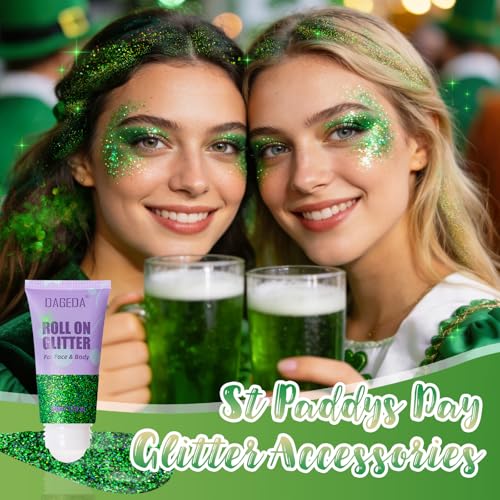 DAGEDA Green Roll-on Body Glitter,Holographic Face Hair Glitter Gel for St Patricks Day Accessories,Green Body Shimmer Makeup Carnival Accessories for Girls Women 50ml