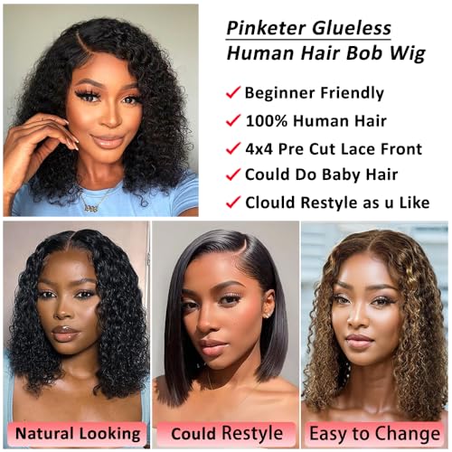Pinketer 12 Inch Deep Wave Glueless Human Hair Bob Wig - Pre Plucked & Pre Cut, Pinketer Glueless Bob Wig