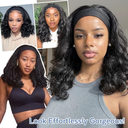 Yaki Curly Headband Wig for Black Women - 16 Inch, Black-5, 180% Density, Glueless, Curly Ends