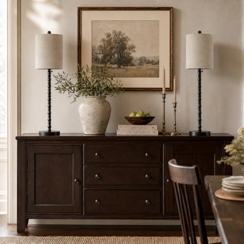 Buffet Lamps Set of 2 - 30-Inch Tall Table Lamps with Metal Bases & Linen Shades - Matte Black, UL Certified