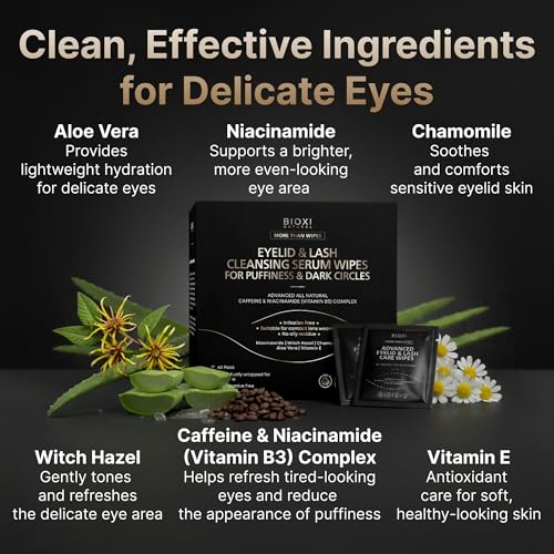 Eyelid & Lash Cleansing Serum Wipes for Puffiness Dark Circles - Gentle Eye Care, Korean Formula, 60 Sheets