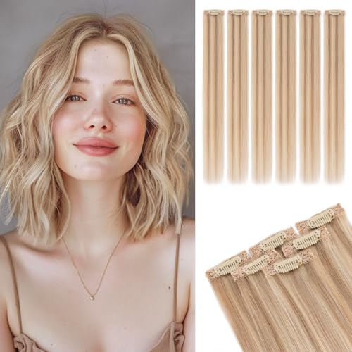 Rich Choices 10 Inch Golden Brown Highlighted Bleach Blonde Clip-In Hair Extensions - Single Clip Wefts for Thin Short Hair