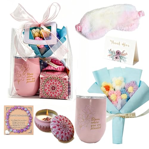Women’s Spa Gift Set with Tote Bag - Candle, Tumbler, Sleep Mask & Flowers