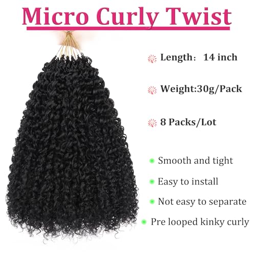 Leeven Pre Looped Micro Kinky Curly Crochet Hair 14 Inch - 8 Packs Black