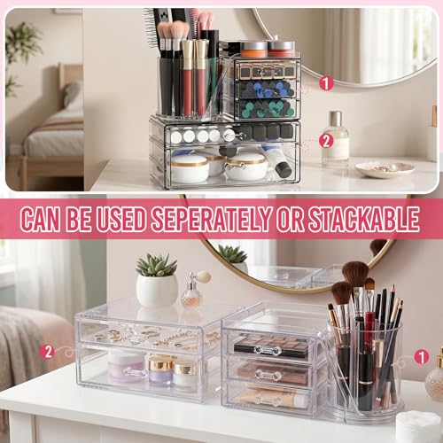 Acrylic Makeup Organizer 2 Tiers & 5 Drawers with Rotating Brush Holder - Clear Vanity Storage, Stackable & Space Saving, Variation: 2 Tiers 5 Drawers