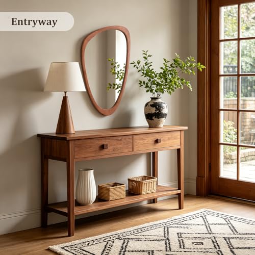 Walnut 30x19 Inch Asymmetrical Wooden Wall Mirror - Pebble-Shaped Mid-Century Decor