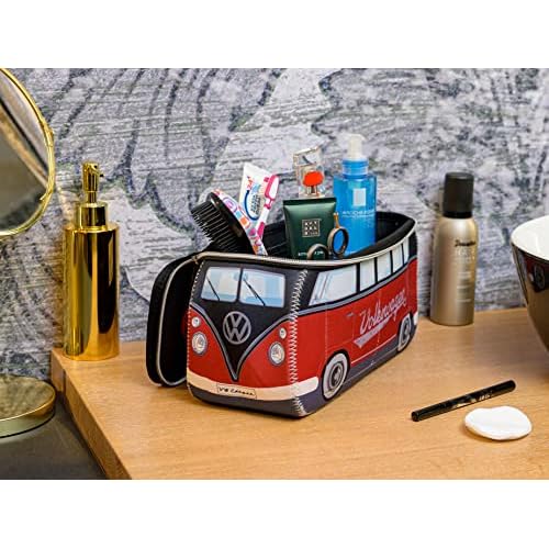 BRISA VW Collection - Volkswagen Neoprene Universal Makeup Cosmetics Toiletry Travel Pharmacy Bag in T1 Bus Design (Red/Black) (Large (11.8 x 5.5 x 4.7 inches))