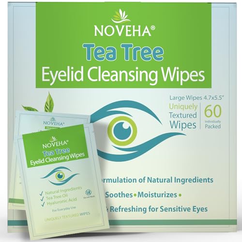 NOVEHA 60 Pack Tea Tree Oil Eyelid & Lash Wipes with Hyaluronic Acid, Green Tea & Chamomile
