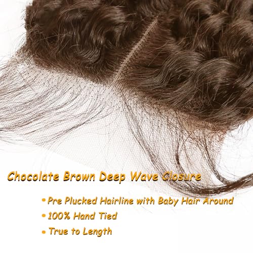 KAFEIER Brown Deep Wave Lace Closure 4x4, 10 Inch Brazilian Virgin Remy Hair