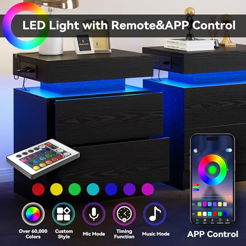 Nightstand with Charging Station LED Light & 2 Drawers - Black - Variation of THIS listing