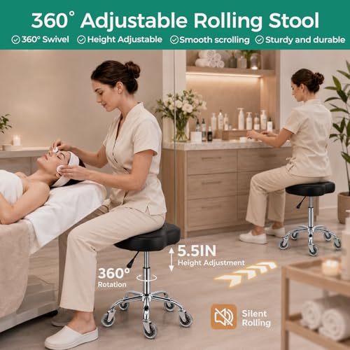 Heavy Duty Rolling Stool with 22" Metal Base, 450 lb Capacity, Ergonomic PU Leather