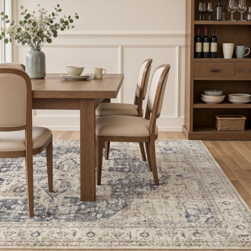 9x12 Machine Washable Area Rug - Soft Cream and Blue Vintage Medallion Style