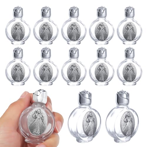 KOMI 12PCS Glass Holy Water Bottle 0.5 floz Mini Holy Water Container with Embossed Divine Mercy Jesus Christ Religious Empty Travel Bottle Church Catholic Gifts