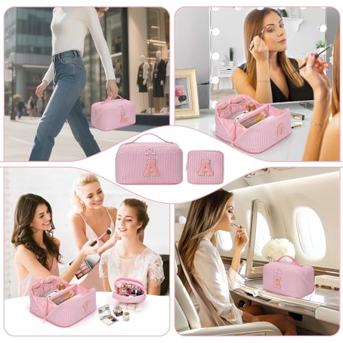Easter Basket Gifts for Girls Women - Travel Makeup Bag for Women, 2Pcs Portable Personalized Initial Makeup Organizer Bag, Open Flat Large Cosmetic Bag With Travel Essential Pouch (Pink Letter C)
