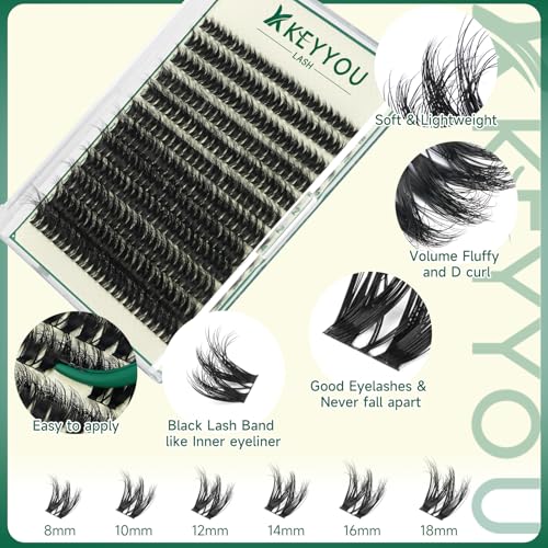 KEYYOU LASH Flaunt Lash Cluster DIY 3D Eyelash Extensions 144pcs D Curl 8-18MIX Lashes Extension Eyelash Clusters Long Classic Individual Lashes Fluffy and Soft Wispy Volume Lashes (F01,3D)