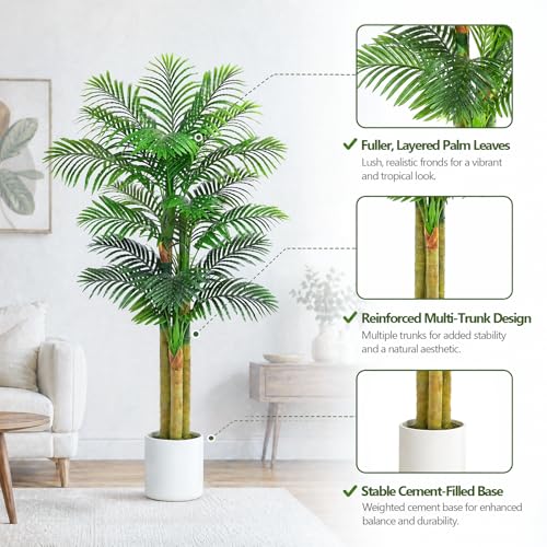 6FT Artificial Golden Cane Palm Tree in White Pot - Realistic Faux Indoor Plant
