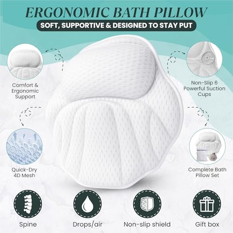 Bath Pillows for Tub ? Luxury 4D Air Mesh Bathtub Pillow with Non-Slip Suction Cups, Head & Neck, Upper Back Support, Quick-Dry, Machine Washable Spa Gift