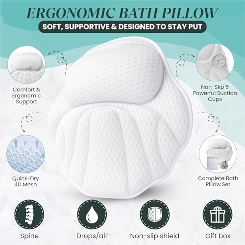 Bath Pillows for Tub ? Luxury 4D Air Mesh Bathtub Pillow with Non-Slip Suction Cups, Head & Neck, Upper Back Support, Quick-Dry, Machine Washable Spa Gift