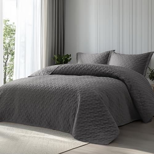 Bedsure Oversized King Quilt Set Grey - Lightweight Basket Weave Pattern Bedding