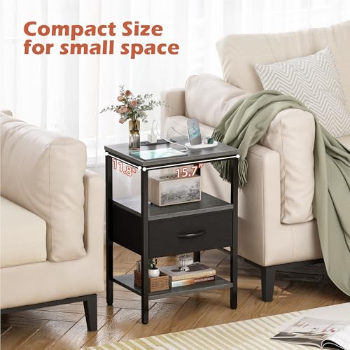 SUPERJARE Set of 2 Nightstands with Charging Station - Charcoal Gray & Black, Model M-2, 11.8"D x 15.7"W x 23.4"H