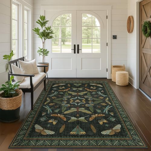 Hazo Haus 5'x7' Dark Green Fairy Insect Area Rug, Washable Non-Slip Carpet for Living Room & Bedroom