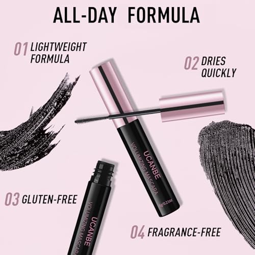 UCANBE Black Waterproof Mascara for Volume and Length, Natural Defining Curling Long-Lasting Eyelashes, No Flaking, No Smudging, No Clumping