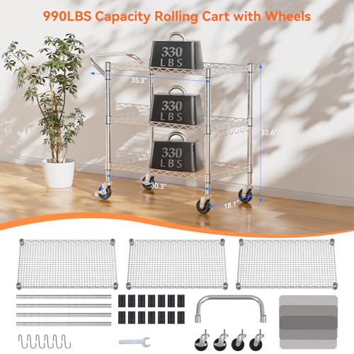 Heavy Duty 3-Tier Rolling Utility Cart with Lockable Wheels, NSF Metal Kitchen & Storage Cart, 990 lbs Capacity