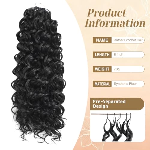 Detean 10 Inch Pre-Separated Knotless Feather Crochet Hair 40 Strands - Black 1B, Lightweight Curly Wave