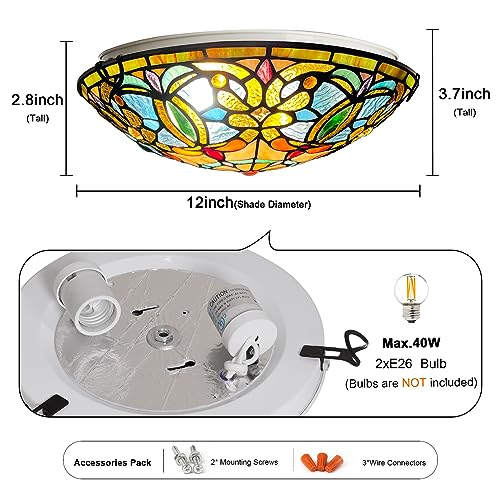 ARTZONE Tiffany Ceiling Light 12 Inch Stained Glass Flush Mount Fixture for Bedroom & Living Room