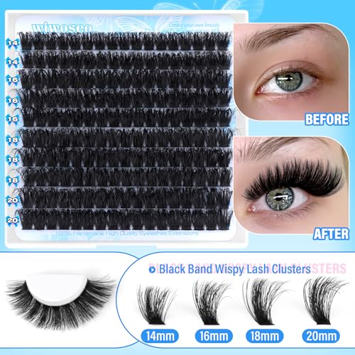 wiwoseo 200D Long Lash Clusters Lashes Clusters Thick Volume Eyelash Clusters 14-20MM Cluster Eyelash Extensions Russian Individual Lashes for Beginners DIY at Home Cluster Lashes