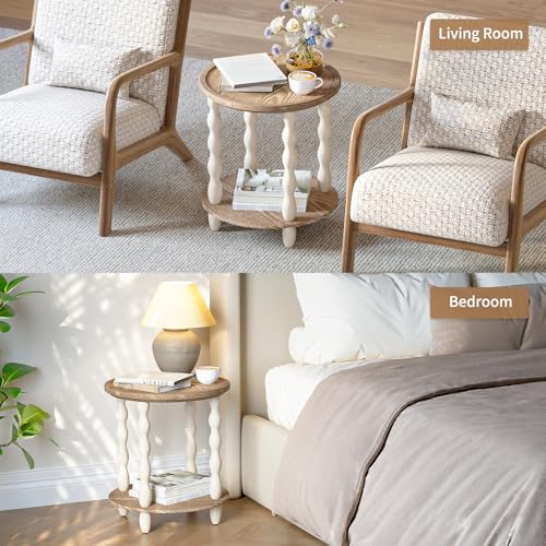 Karlott Beige Round 2-Tier Farmhouse End Table – Living Room Nightstand