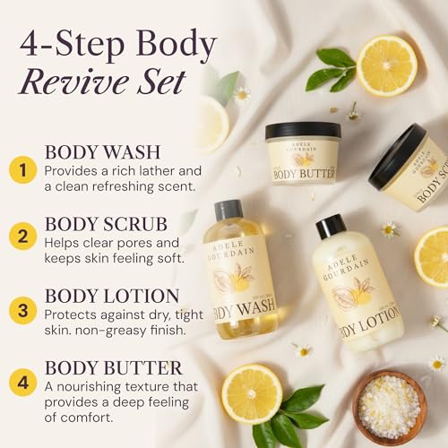 Self Care Kit Woman - 4pcs Citrus Scent - Bath and Body Care Gift Basket for Women - Personal Care Spa Care Package with Body Wash, Lotion, Scrub & Butter, Birthday Gifts for Her