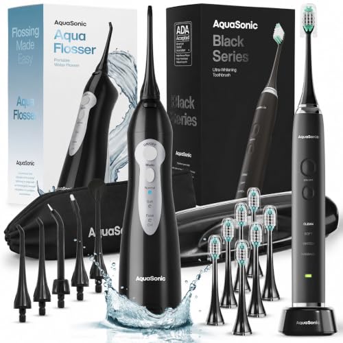Aquasonic Black Series & Aqua Flosser Oral Care Bundle with Toothbrush & Water Flosser
