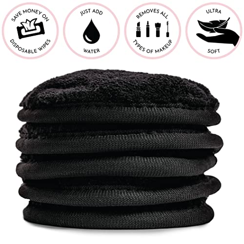 S&T INC. Makeup Remover Wipes for Skin Care with Laundry and Storage Bag, Reusable Makeup Wipes or Face Towels, Travel Essentials, Black, 4 In. Diameter, 5PK