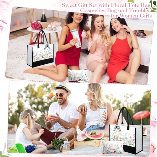 Hosuly 3 Pcs Floral Canvas Tote Bag Vintage Flower Makeup Pouch Wildflower Travel Tumbler for Women Teacher Birthday Wedding