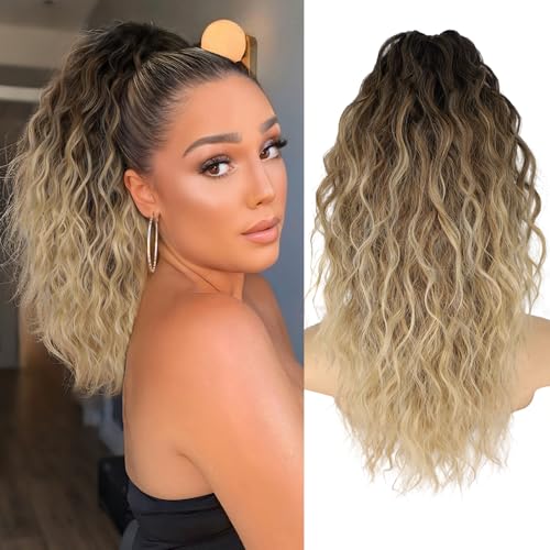 Claw Clip Ponytail Extension - Wavy Fluffy Hairpieces with Ombre Black Mix Blonde Variation